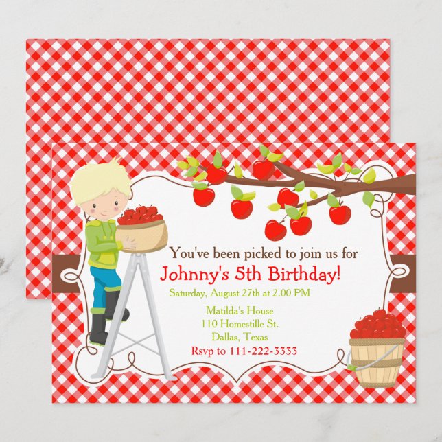 Fall Autumn Apple Picking Blonde Birthday Invitation (Front/Back)