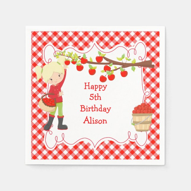 Fall Autumn Apple Picking Blonde Birthday Party Napkin (Front)