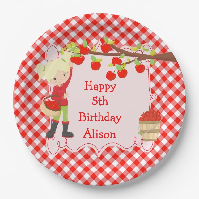 Fall Autumn Apple Picking Blonde Birthday Party Paper Plate (Front)