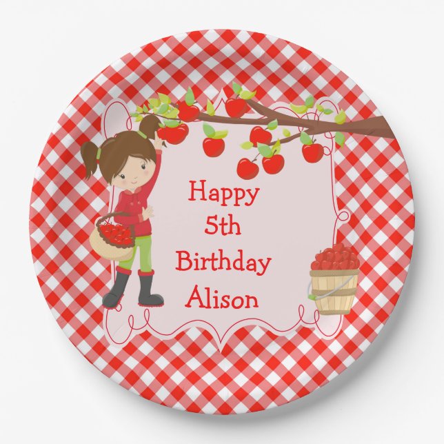 Fall Autumn Apple Picking Brunette Birthday Party Paper Plate (Front)