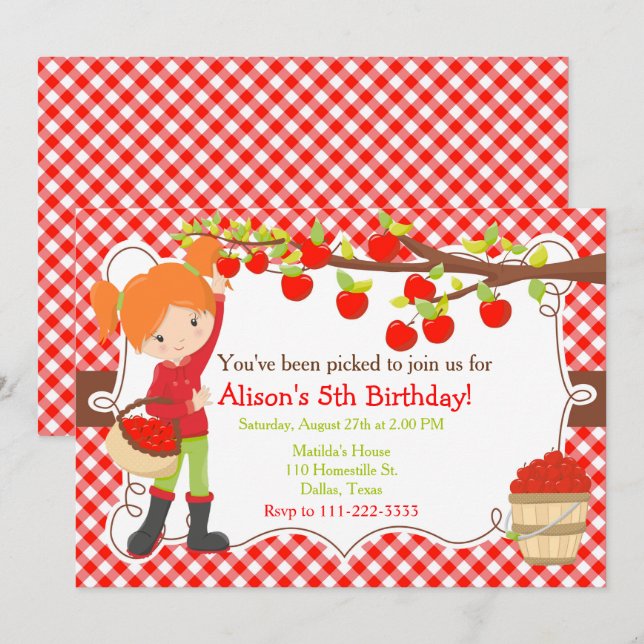 Fall Autumn Apple Picking Red Hair Birthday Invitation (Front/Back)