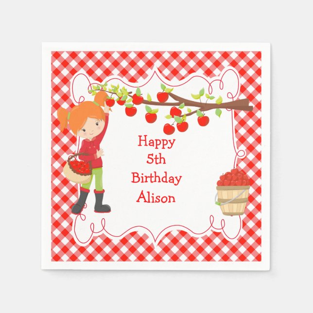 Fall Autumn Apple Picking Red Hair Birthday Napkin (Front)