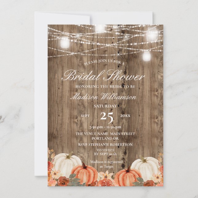 Fall | Autumn Barn Wood & Pumpkin Bridal Shower Invitation (Front)