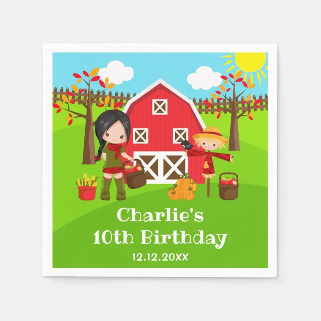 Fall Autumn Barnyard Birthday Black Hair Girl Napkin (Front)