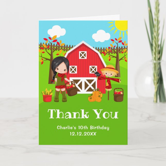 Fall Autumn Barnyard Birthday Black Hair Girl Thank You Card (Front)
