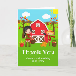 Fall Autumn Barnyard Birthday Black Hair Girl Thank You Card