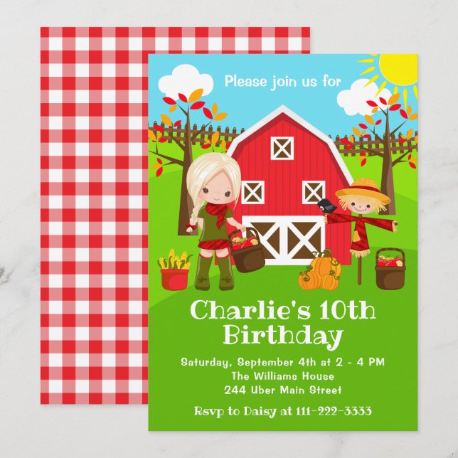 Fall Autumn Barnyard Birthday Blonde Hair Girl Invitation (Front/Back)