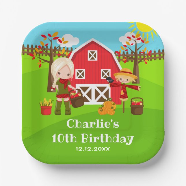 Fall Autumn Barnyard Birthday Blonde Hair Girl Paper Plate (Front)