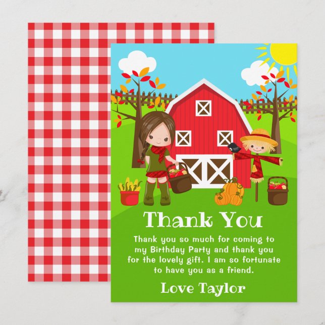Fall Autumn Barnyard Birthday Brown Hair Girl Thank You Card (Front/Back)