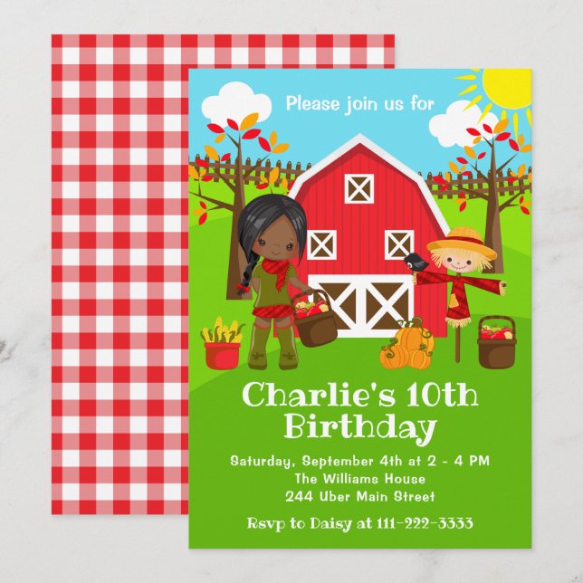 Fall Autumn Barnyard Birthday Dark Skin Girl Invitation (Front/Back)