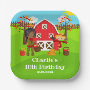 Fall Autumn Barnyard Birthday Dark Skin Girl Paper Plate