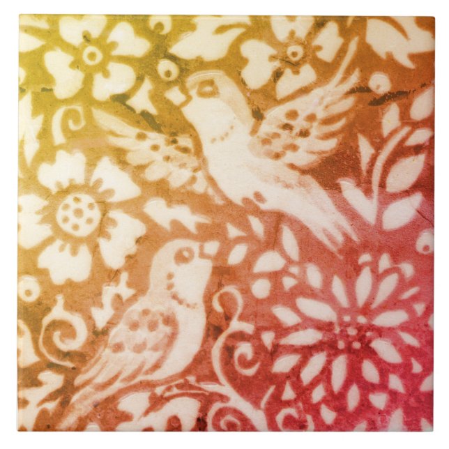 Fall Autumn Bird Gold Copper Coral Woodland Leaves Tile (Front)