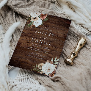 Fall Autumn Bohemian Flowers Rustic Wood Wedding Invitation
