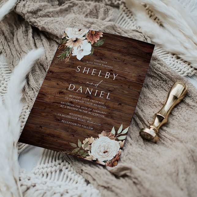 Fall Autumn Bohemian Flowers Rustic Wood Wedding Invitation (Creator Uploaded)