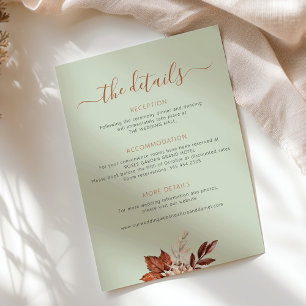 Fall autumn boho leaves wedding details sage green enclosure card