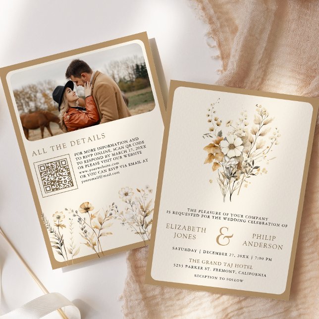 Fall Autumn Boho Wildflower Photo QR Code Wedding Invitation (Creator Uploaded)