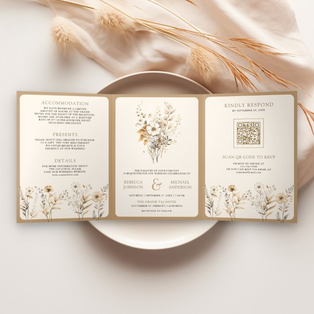 Fall Autumn Boho Wildflower Photo QR Code Wedding Tri-Fold Invitation (Creator Uploaded)