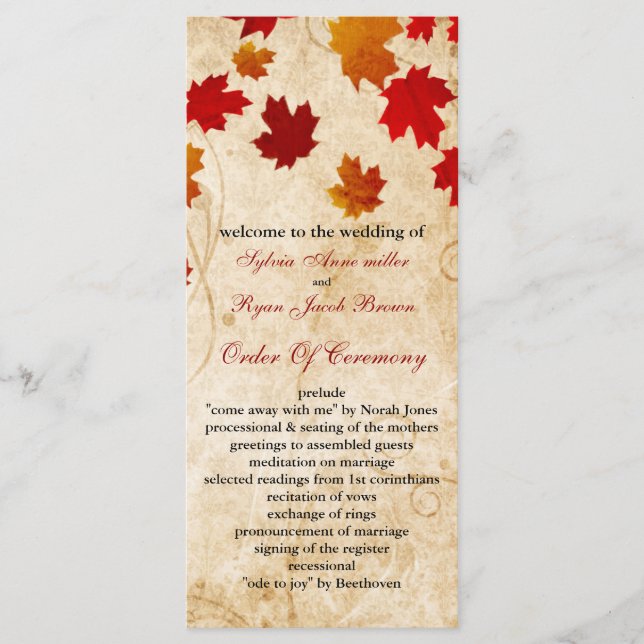 fall autumn brown leaves wedding program programme (Front)