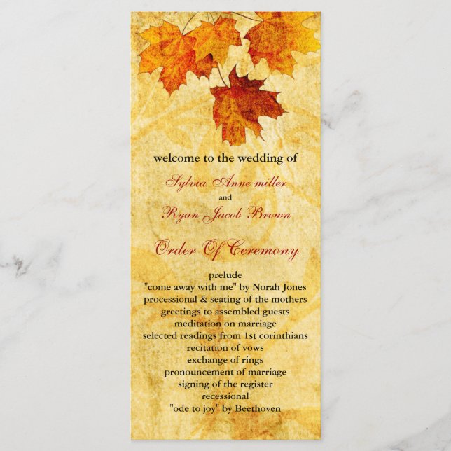 fall autumn brown leaves  wedding program programme (Front)