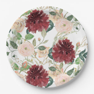 Fall Autumn Burgundy Chrysanthemum Blush Pink Rose Paper Plate