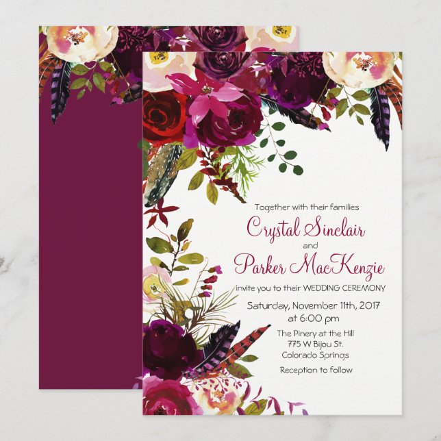 Fall Autumn Burgundy Floral Wedding Invitation (Front/Back)
