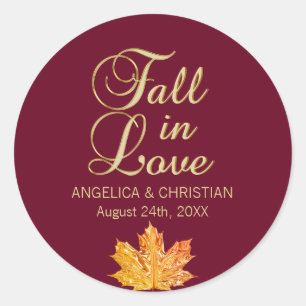 Fall Autumn Burgundy Gold FALL IN LOVE Wedding Classic Round Sticker