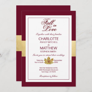 Fall Autumn Burgundy Gold FALL IN LOVE Wedding Invitation