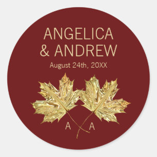 Fall Autumn Burgundy Gold Maple Leaf Wedding Classic Round Sticker