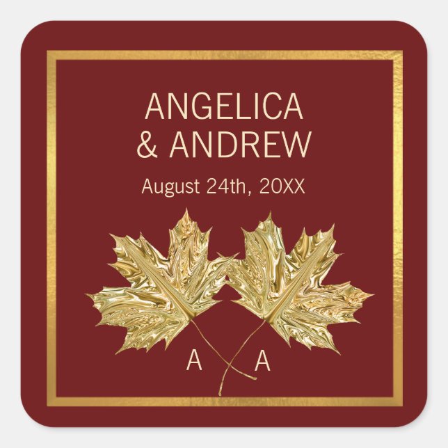 Fall Autumn Burgundy Gold Maple Leaf Wedding Square Sticker (Front)