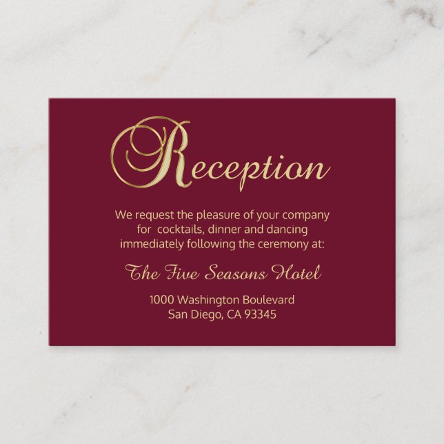 Fall Autumn Burgundy Gold Wedding RECEPTION Enclosure Card (Front)