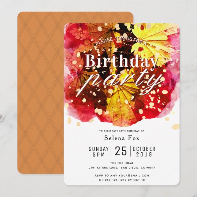 Fall / Autumn Colour Leaves Birthday Invitation (Front/Back)
