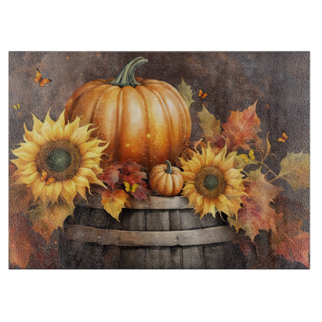 Fall Autumn Coloured Sunflowers Harvest Pumpkins Cutting Board (Front)