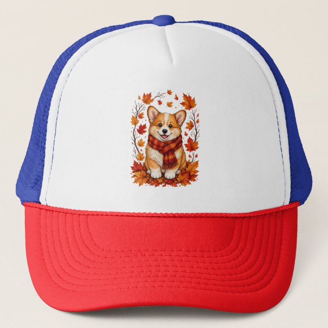 Fall Autumn Corgi Dog Cosy Trucker Hat (Front)