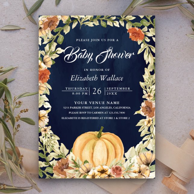 Fall Autumn Earthy Floral Pumpkin Navy Baby Shower Invitation (Creator Uploaded)