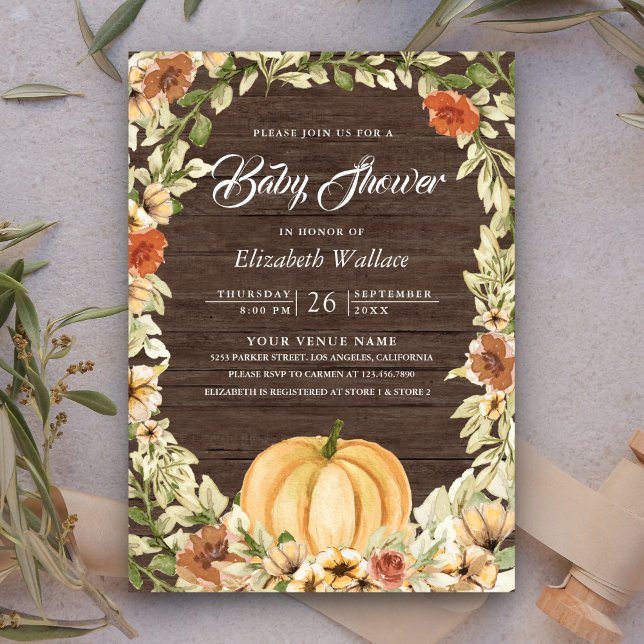 Fall Autumn Earthy Floral Pumpkin Wood Baby Shower Invitation (Creator Uploaded)