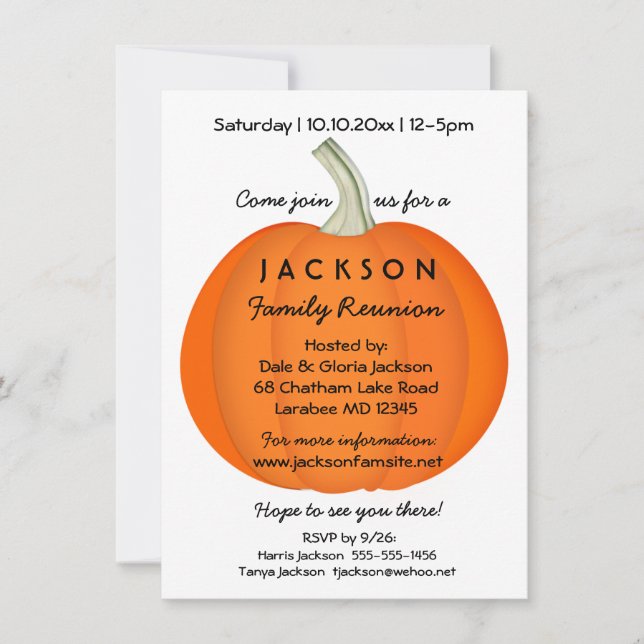 Fall Autumn Family Reunion or Party Pumpkin Invitation (Front)