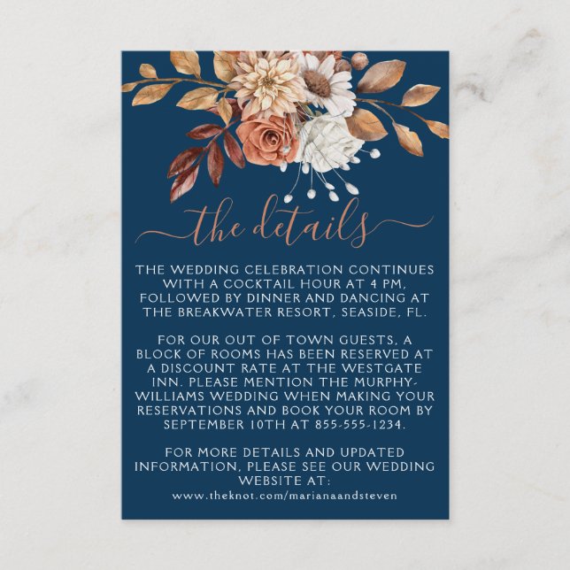Fall Autumn Floral Bouquet on Navy Blue Wedding Enclosure Card (Front)