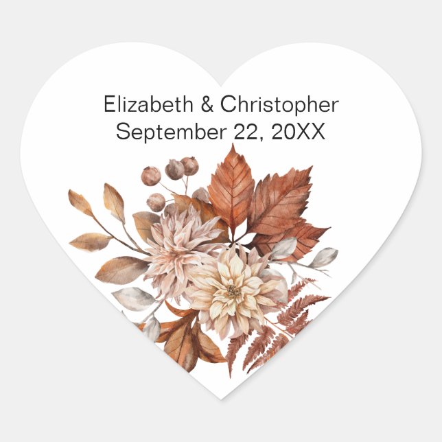 Fall Autumn Floral Elegant Watercolor Wedding  Heart Sticker (Front)