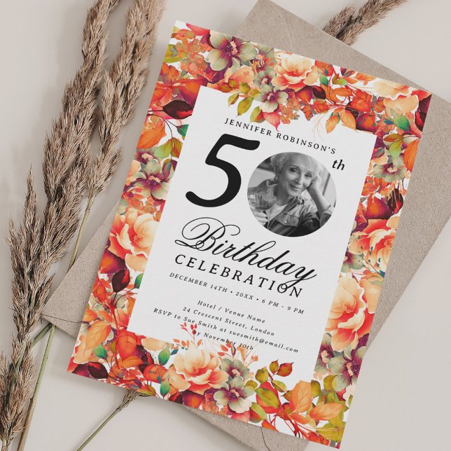 Fall Autumn Floral Garden Photo 50th Birthday  Invitation (Fall Autumn Floral Garden Photo 50th Birthday Invitation)
