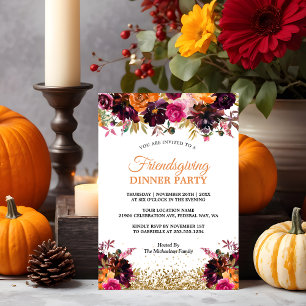 Fall Autumn Floral Gold Glitter Friendsgiving Invitation