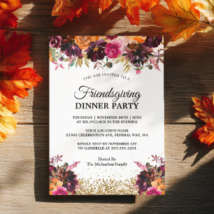Fall Autumn Floral Gold Glitter Friendsgiving Invitation