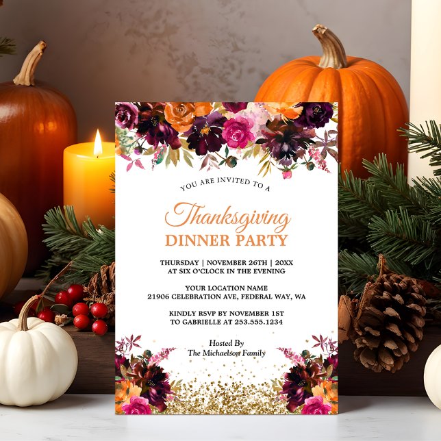 Fall Autumn Floral Gold Glitter Thanksgiving Invitation (Rustic Floral Thanksgiving Dinner Party)