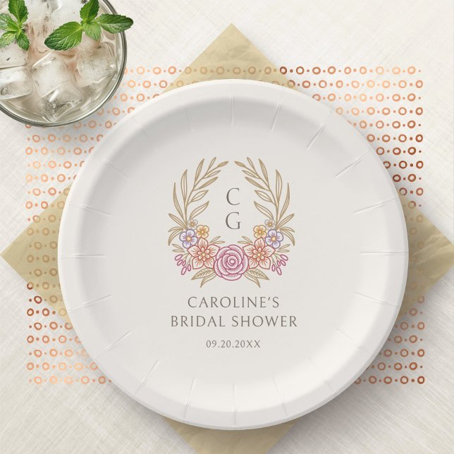 Fall Autumn Floral Monogram Wreath Bridal Shower Paper Plate (Creator Uploaded)