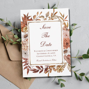 Fall Autumn Floral Peach Brown Rust Wedding Save The Date
