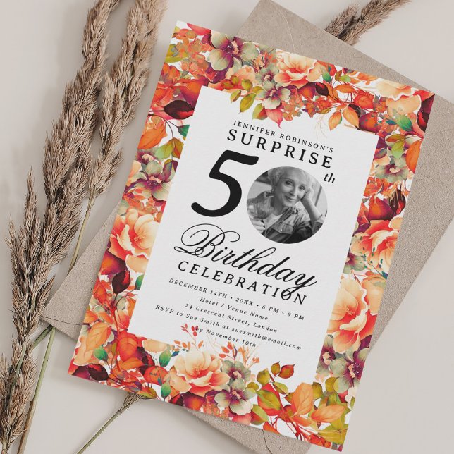 Fall Autumn Floral Photo SURPRISE 50th Birthday  Invitation (Fall Autumn Floral Photo SURPRISE 50th Birthday Invitation)