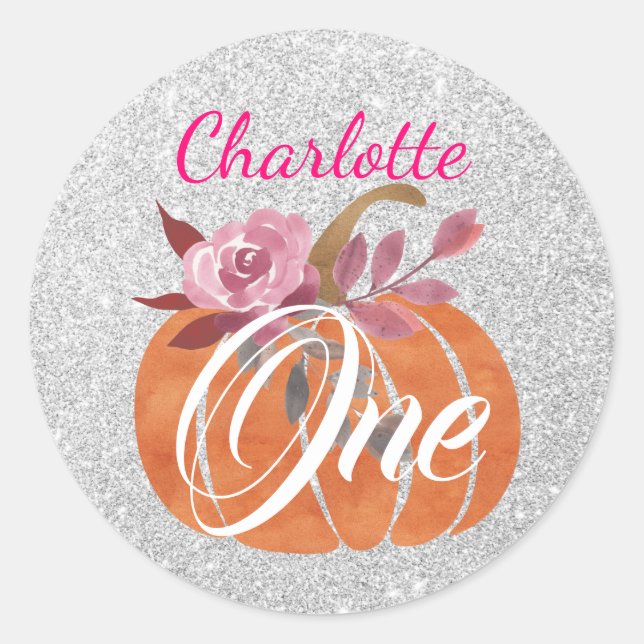 Fall Autumn Floral Pumpkin 1st Birthday One Silver Classic Round Sticker (Front)