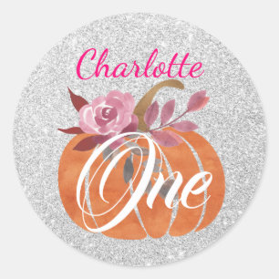 Fall Autumn Floral Pumpkin 1st Birthday One Silver Classic Round Sticker
