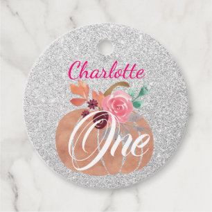 Fall Autumn Floral Pumpkin 1st Birthday One Silver Favour Tags