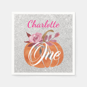 Fall Autumn Floral Pumpkin 1st Birthday One Silver Napkin