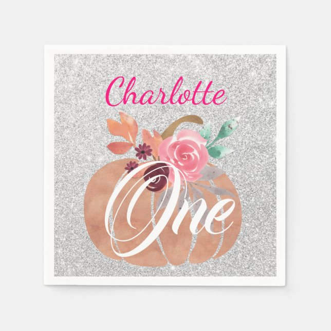 Fall Autumn Floral Pumpkin 1st Birthday One Silver Napkin (Front)